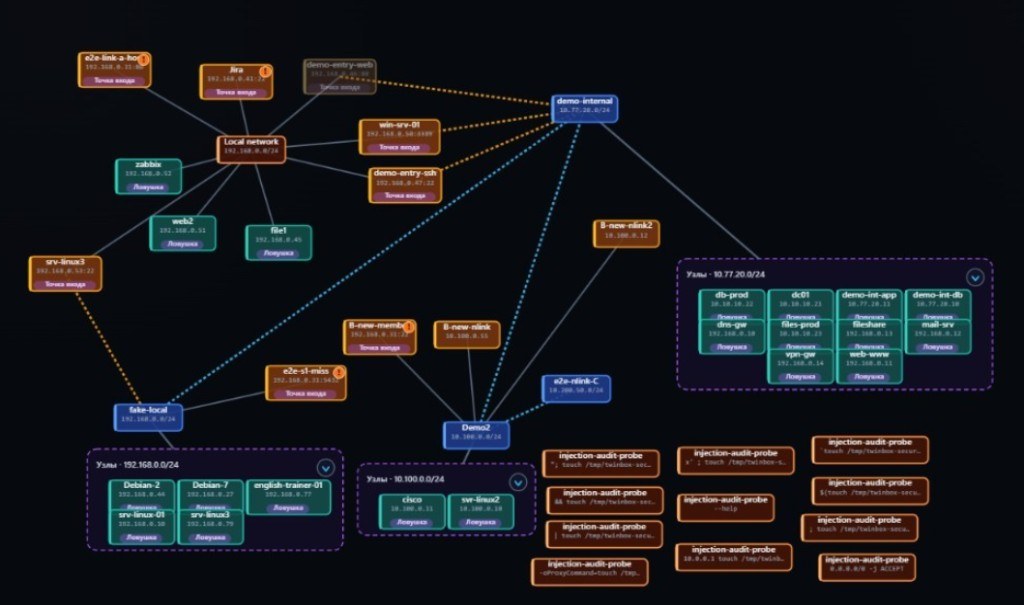 Карта twin-среды TwinBox: точки входа, ложные хосты, подсети и маршруты перемещения нарушителя
